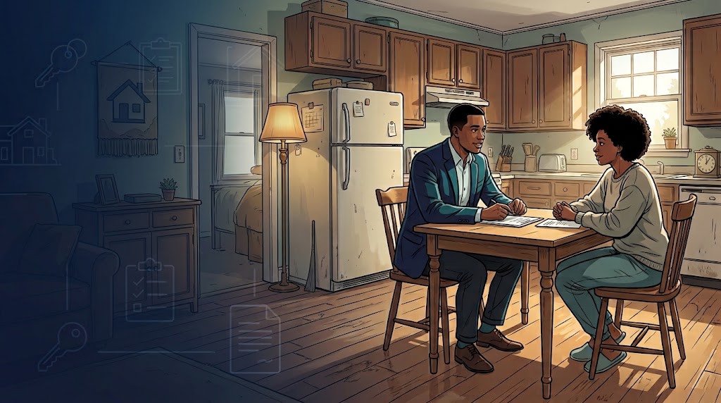 Illustration of a homeowner reviewing house-sale paperwork at a kitchen table.